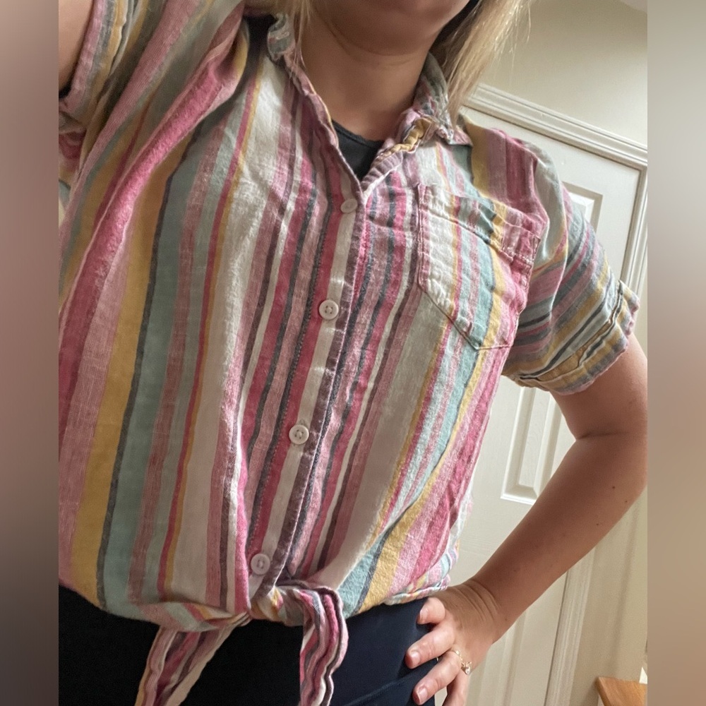 beach lunch lounge Linen Striped Button Down Shirt Sz M